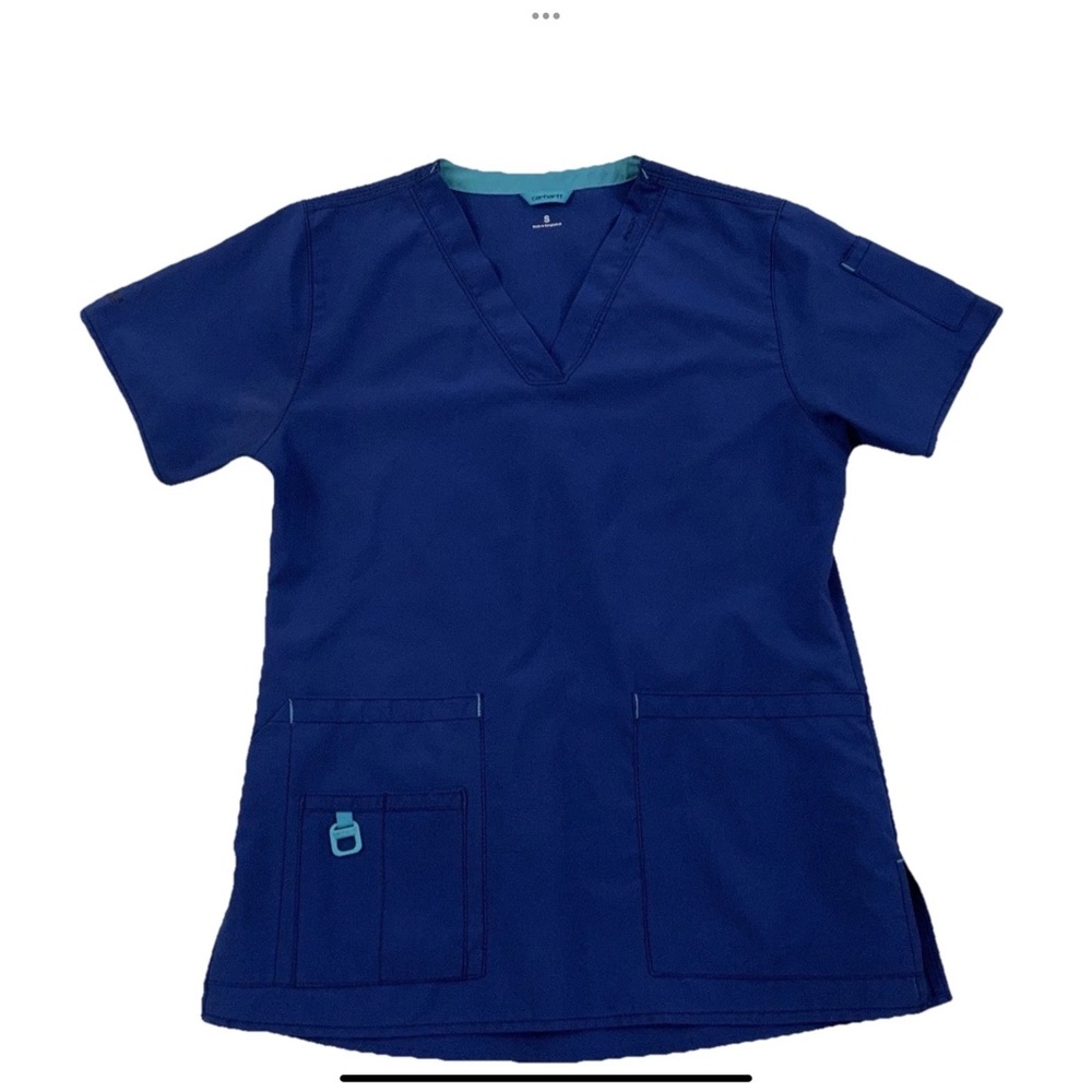 Carhartt Scrub Top Size Small Short Sleeve Blue V Neck Medical Vet Tech C12110